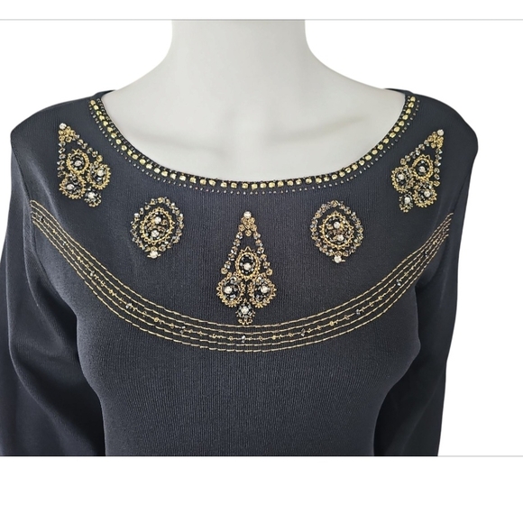 Joseph Black and Gold Embellished 3/4 Sleeve Blouse - Picture 3 of 7